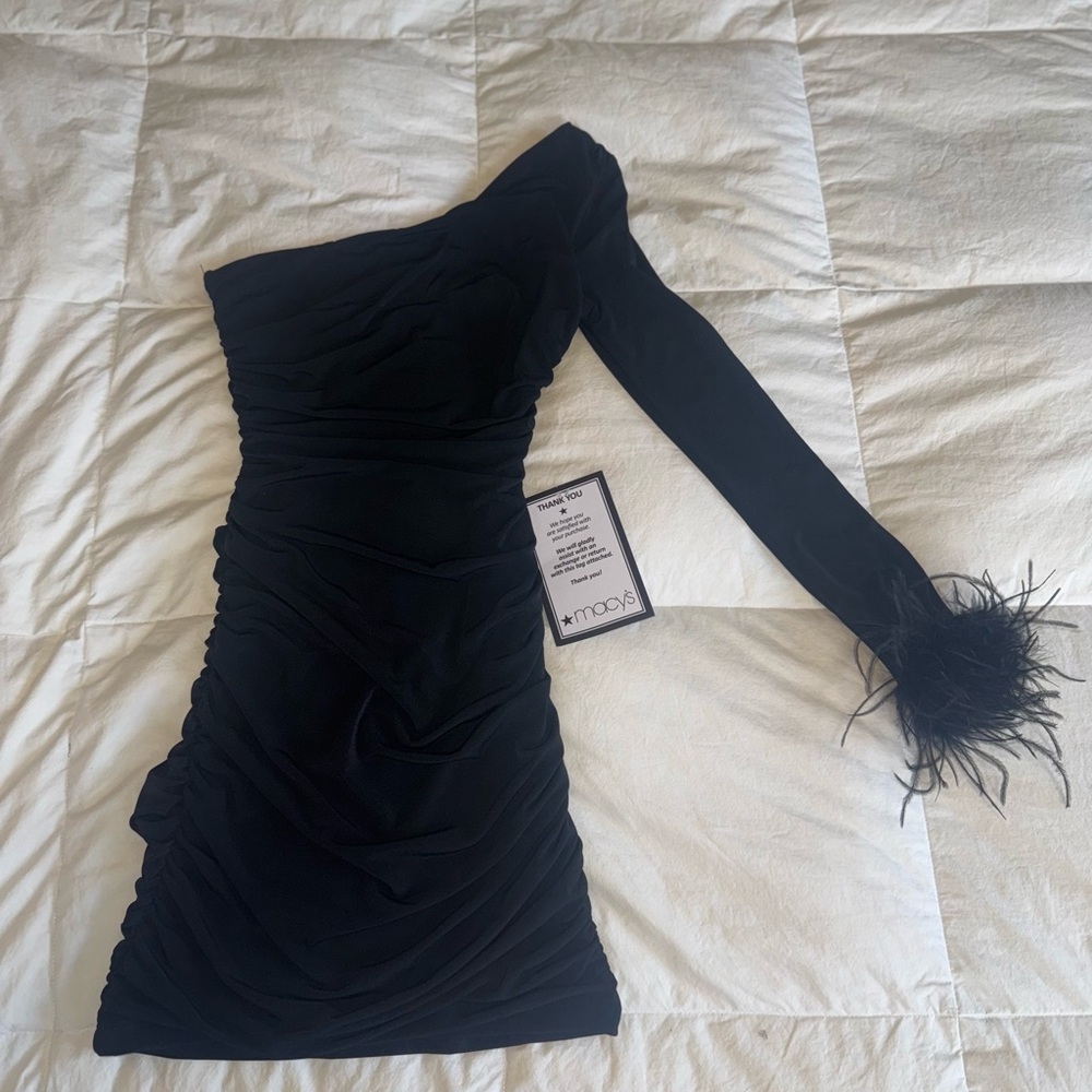 City Studio Black One-Shoulder Dress with Feather Detail